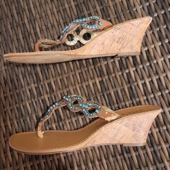 UNISA Rhinestone Cork Wedge Sandals 8 Tan Turquoise Flip Flop Beach Glam Resort - Picture 4 of 10